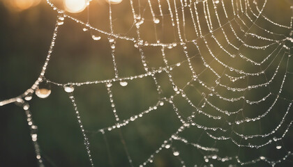A close-up of dew on a spider web at dawn in a forest.
