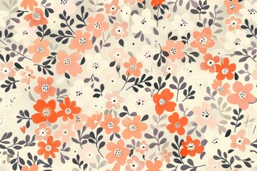 Floral pattern with orange and gray leaves and flowers on white background for fashion and home decor