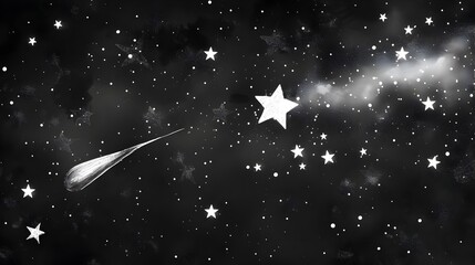 Whimsical Stellar Dreamscape with Luminous Shooting Star on Inky Black Background