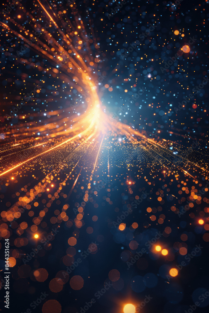 Poster abstract image of glowing particles and light trails forming a dynamic and colorful swirl against a 