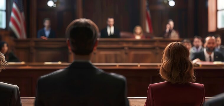 Witness stand with a witness giving testimony, medium shot, focused on the witness, judge and jury blurred in the background