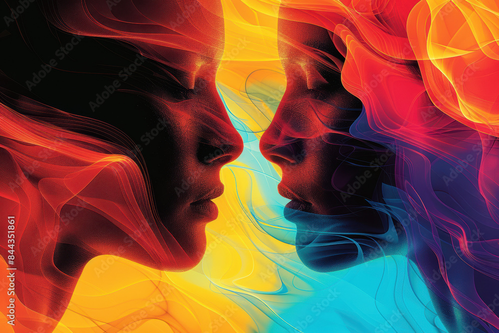 Poster two faces in profile with vibrant abstract swirls of color create a dynamic and surreal digital art 