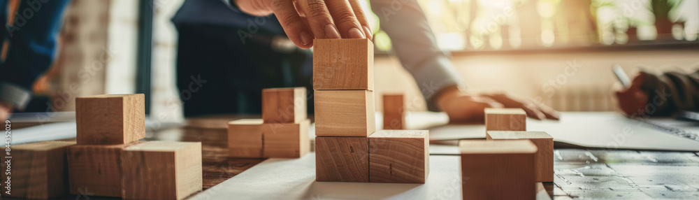 Poster hand arranging wooden blocks on a table in a collaborative workspace, symbolizing teamwork, strategy
