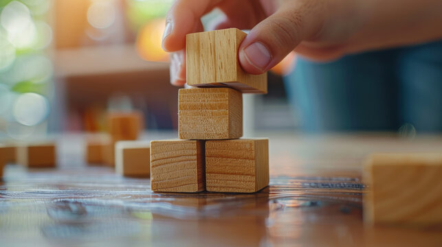 Close-up of a hand stacking wooden blocks, symbolizing teamwork, strategy, and building foundation in a creative and collaborative environment.