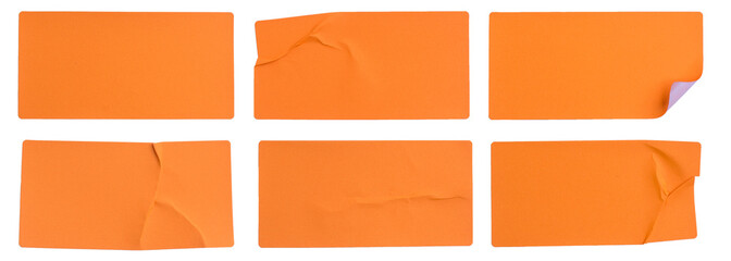 A set of fluorescent neon orange rectangular paper sticker label isolated on white background.