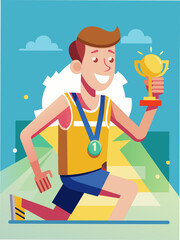 Marathon runner receiving a medal, filled with accomplishment