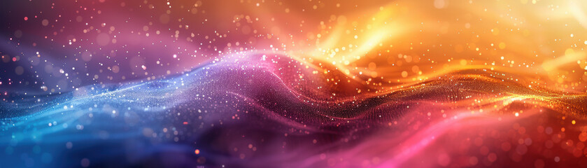 Fototapeta premium Vivid abstract digital waves with glowing particles on colorful gradient background. Futuristic technology design with vibrant hues and flowing forms.