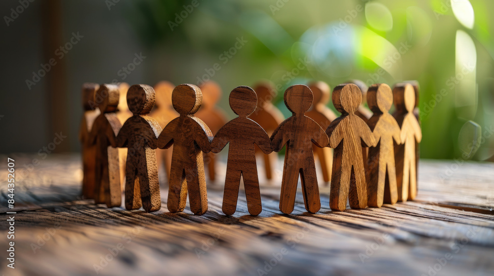 Poster wooden figurines standing in a circle, symbolizing unity and teamwork. the background is softly blur