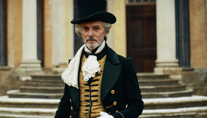 aristocratic man wear luxury three piece suit, top hat in style 18th, 19th nineteenth century. male wearing white gloves holding cane. Fashion portrait of old male  on  palce background. Elegant man