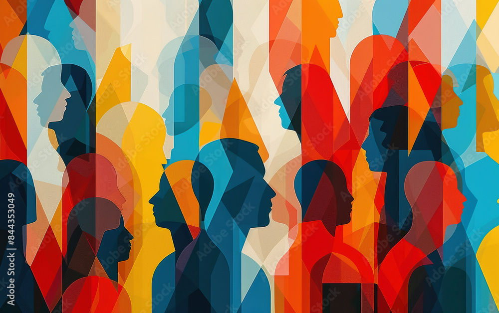 Poster abstract art with vibrant, overlapping silhouettes in various colors and shades, creating a dynamic 