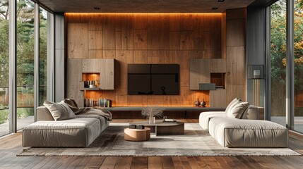 Obraz premium Contemporary Living Room with Wood Paneling and Minimalist Decor for Cozy Elegance