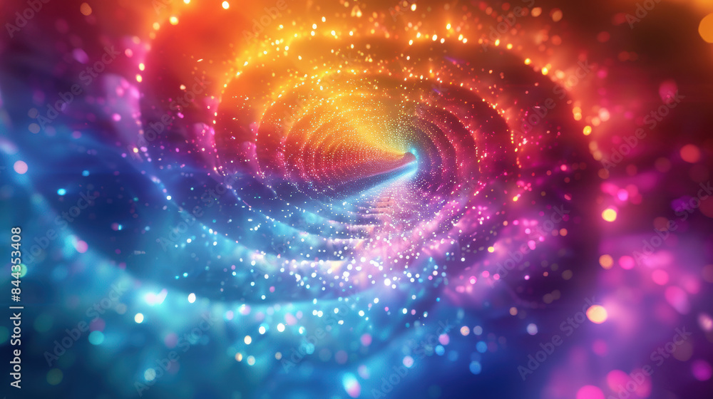 Poster a vibrant and colorful abstract tunnel of light, showcasing a mesmerizing cascade of illuminated par