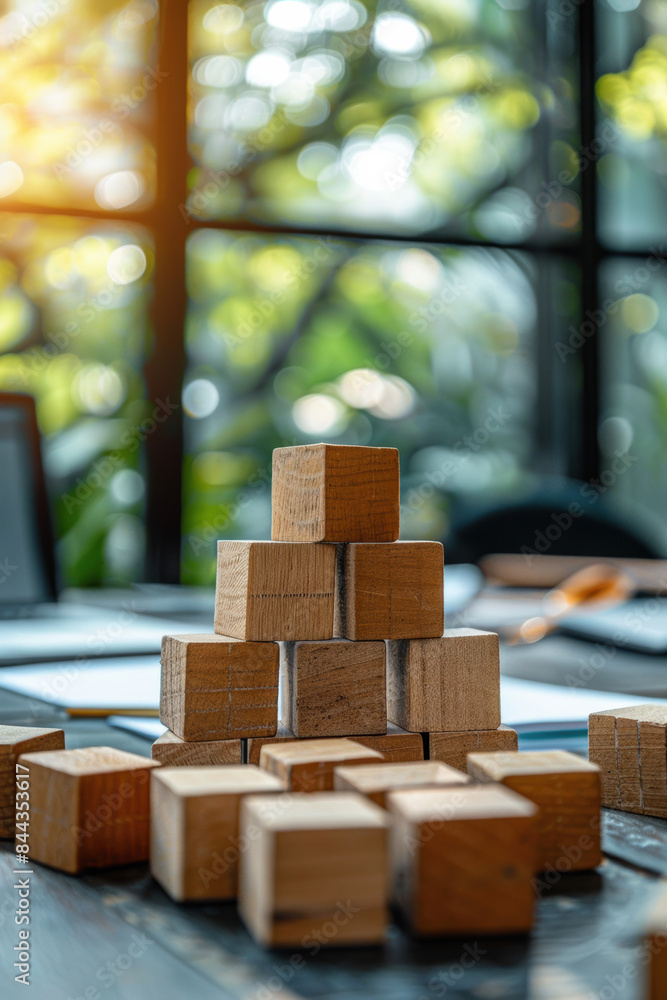 Poster wooden blocks stacked in a pyramid shape, placed on a desk in a sunlit office with lush greenery vis