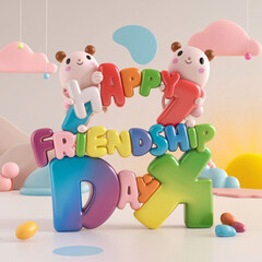 Obraz premium 3D lettering of two cute friends standing with Happy Friendship Day typography, Greeting card