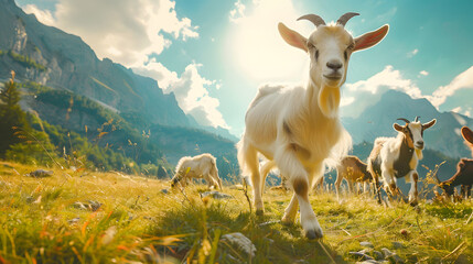 Obraz premium Young goat standing in a scenic mountain meadow under a bright sun, with a backdrop of pastoral landscape and a few other goats grazing peacefully.
