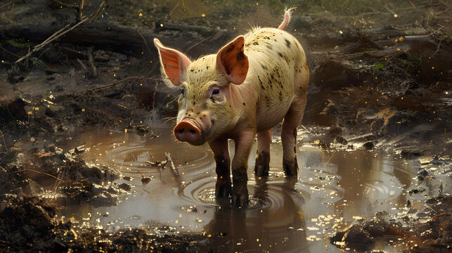 Young pig playing in muddy puddle in the farmyard, enjoying the wet conditions and natural surroundings.