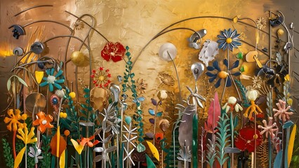Naklejka premium An abstract painting with metal elements a texture background flowers and plants in the background