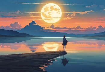 illustration of a lone person at night by moonlight in anime and cartoon style.