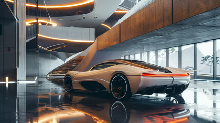 Fototapeta premium Modern car in futuristic building with concrete floor.