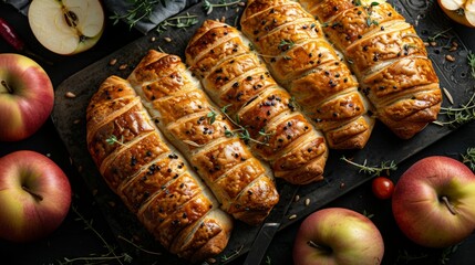 Chaussons aux Pommes: A display of Chaussons aux Pommes with their flaky pastry and golden color, arranged on rustic surface, revealing their apple filling. Apple pie. Apple turnovers. Apple flaps.