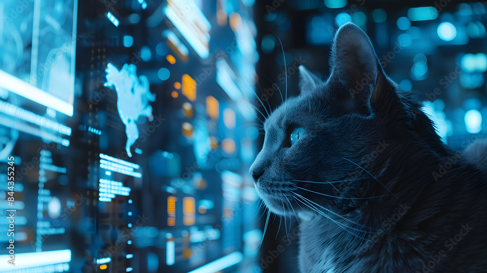 Poster close up of a blue cat in a futuristic facility with glowing data points and computer screens.