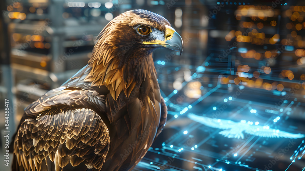 Poster close up of a golden eagle in a sophisticated tech hub with glowing blueprints and virtual reality e