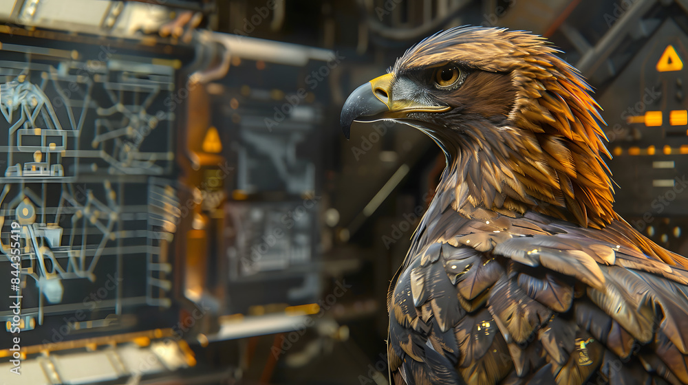Poster close up of a golden eagle in a sophisticated tech hub with glowing blueprints and virtual reality e
