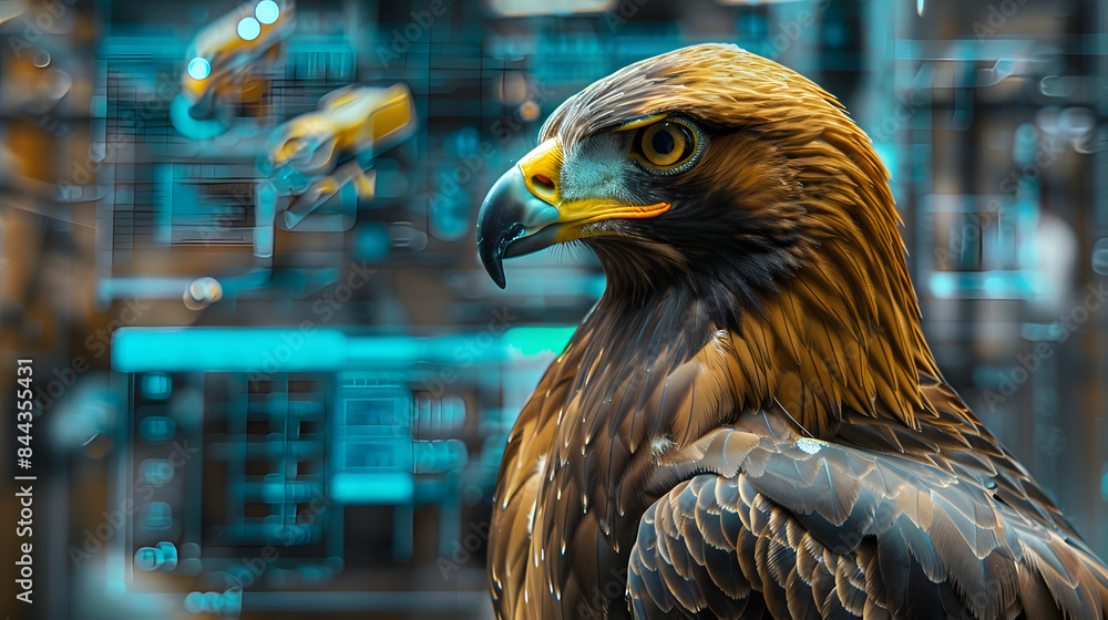 Poster close up of a golden eagle in a sophisticated tech hub with glowing blueprints and virtual reality e