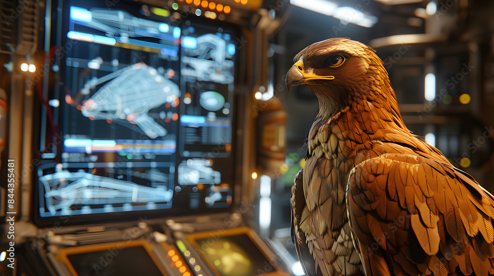 Poster close up of a golden eagle in a sophisticated tech hub with glowing blueprints and virtual reality e
