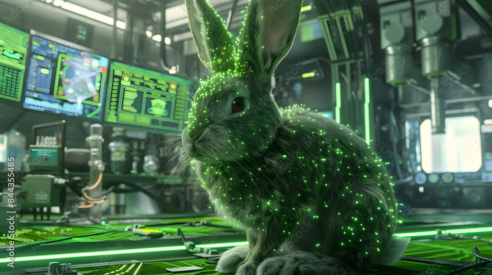 Aufkleber close up of a green rabbit in a high-tech lab with holographic displays and circuits.