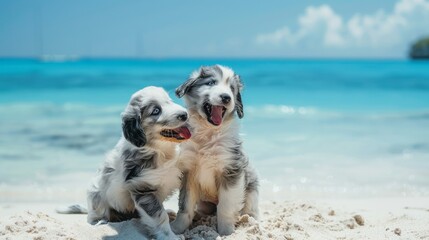 On the blue-blue waters and white-sand beaches, blue mountain bird Australian Shepherd puppies wrestle, jump, play with each other and open their mouths with vigor