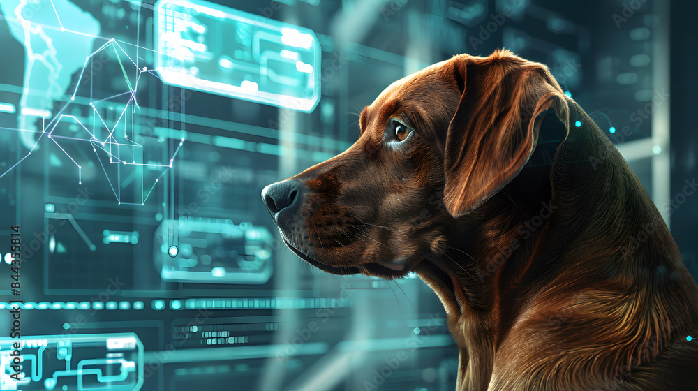 Poster close up of a red dog in a modern laboratory with shining digital interfaces and robotic arms.