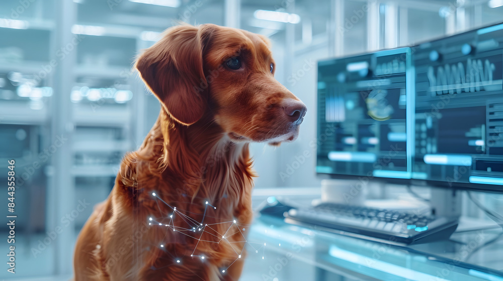 Poster close up of a red dog in a modern laboratory with shining digital interfaces and robotic arms.