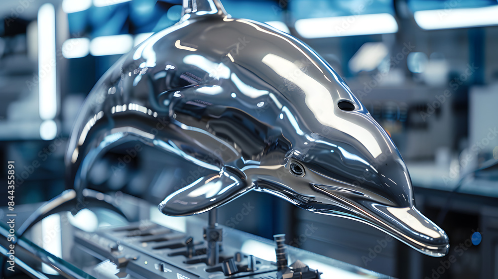 Poster close up of a silver dolphin in a state-of-the-art lab with radiant displays and cybernetic instrume