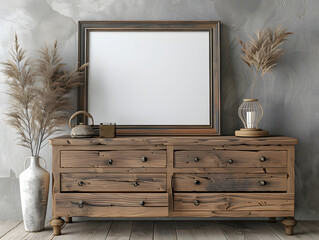Wooden rustic chest of drawers near wall with blank poster frame on the modern living room