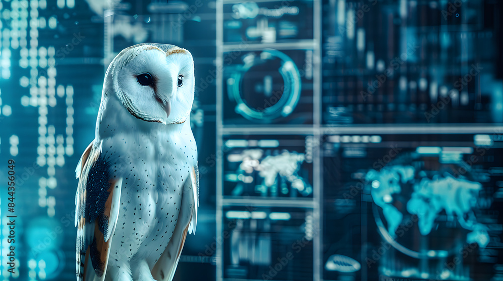 Poster close up of a white owl in an advanced research center with luminous charts and smart devices.
