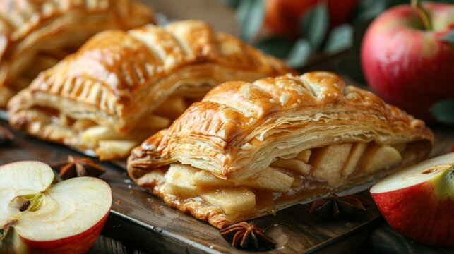 Chaussons aux Pommes: A display of Chaussons aux Pommes with their flaky pastry and golden color, arranged on rustic surface, revealing their apple filling. Apple pie. Apple turnovers. Apple flaps.