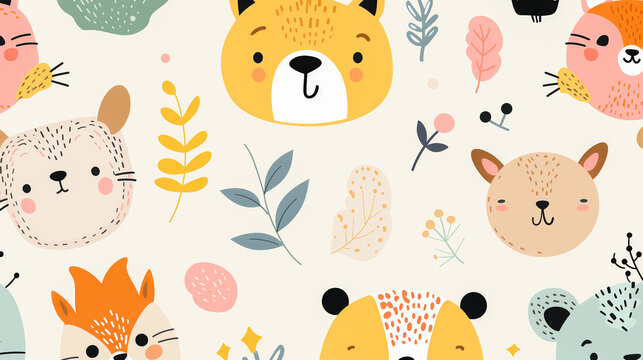 Fototapeta Cute pattern background, animal cartoon image, vector graphics, line diagrams, children's colors 