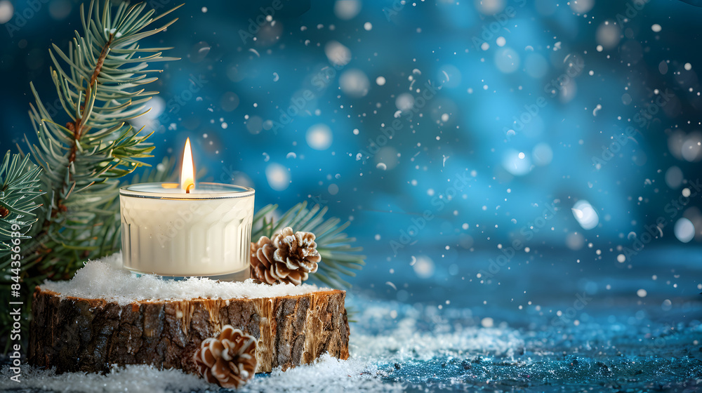Poster close up of an candle on a wooden slice with snow and a pine tree branch over a blue abstract backgr