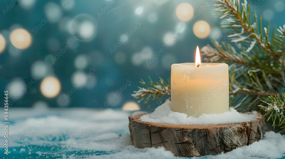 Aufkleber close up of an candle on a wooden slice with snow and a pine tree branch over a blue abstract backgr