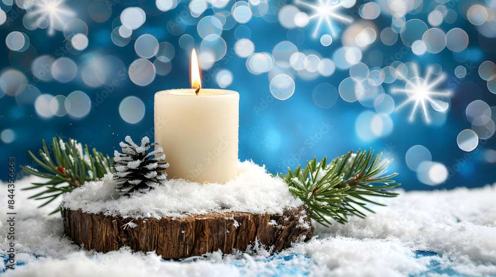 Aufkleber close up of an candle on a wooden slice with snow and a pine tree branch over a blue abstract backgr