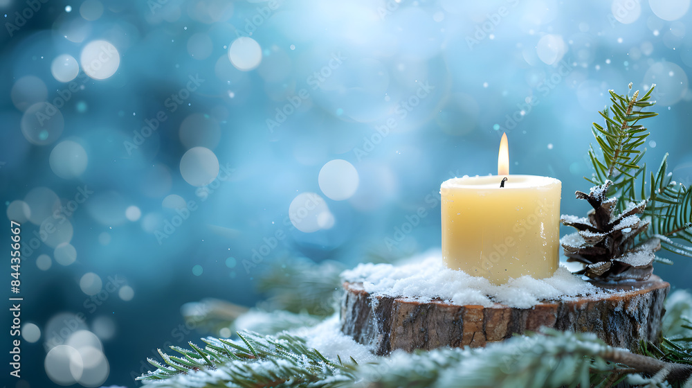 Aufkleber close up of an candle on a wooden slice with snow and a pine tree branch over a blue abstract backgr
