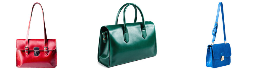 Naklejka premium leather bag isolated with no background. Set of 3 PNG illustrations of stylish leather bag in red, blue and green colors.