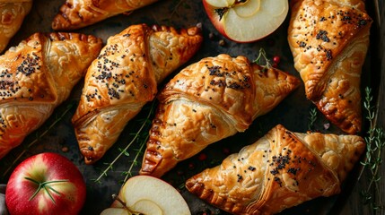 Chaussons aux Pommes: A display of Chaussons aux Pommes with their flaky pastry and golden color, arranged on rustic surface, revealing their apple filling. Apple pie. Apple turnovers. Apple flaps.