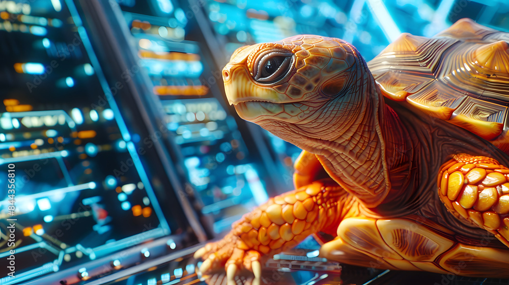 Poster close up of an orange turtle in a futuristic environment with illuminated control panels and digital