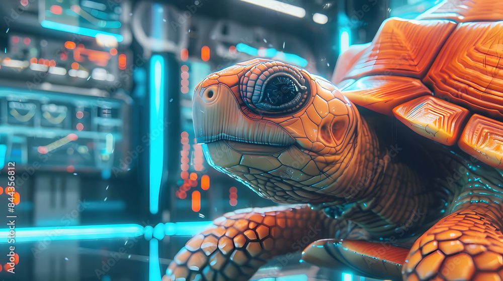 Poster Close up of an orange turtle in a futuristic environment with illuminated control panels and digital networks. 