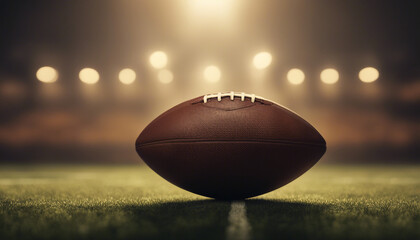 American football ball in front of warm-toned spotlights on the field and foggy background
