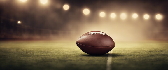 American football ball in front of warm-toned spotlights on the field and foggy background
