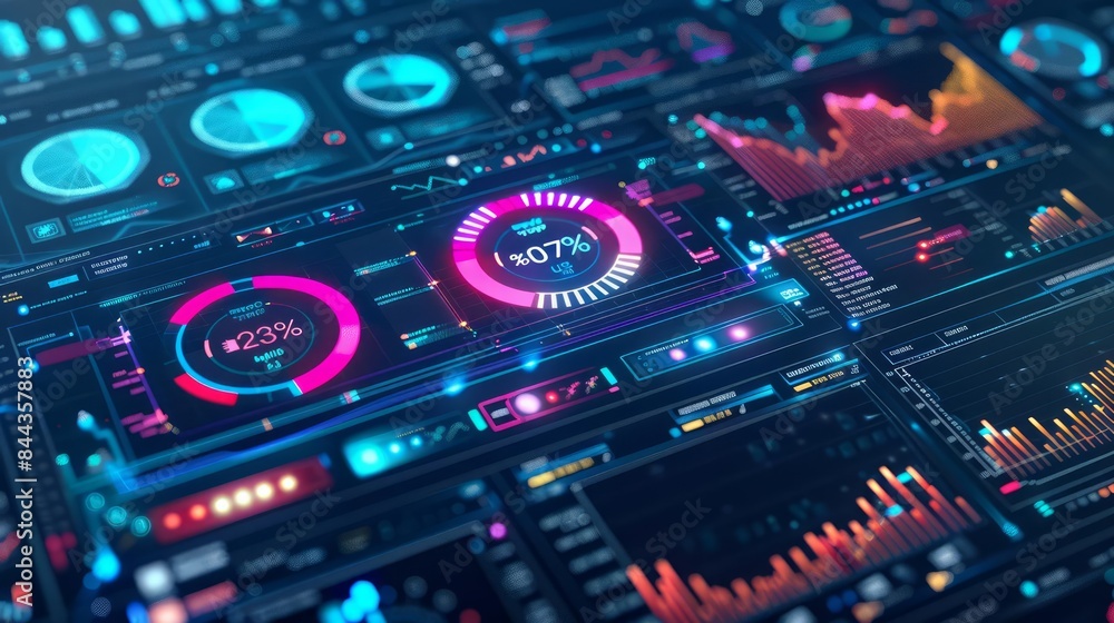 Poster a futuristic business intelligence dashboard displaying realtime data and analytics