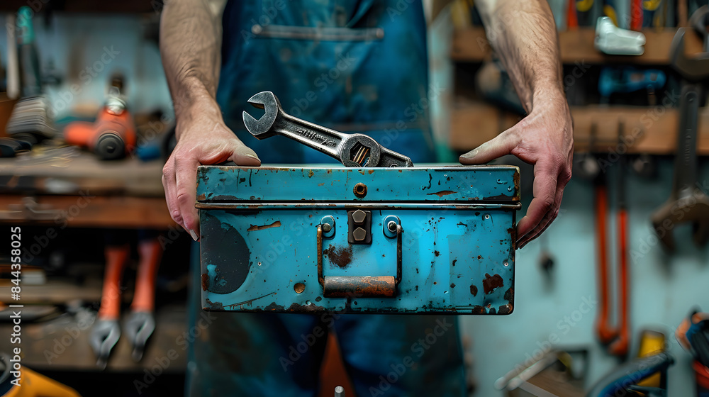 Poster close-up of hands holding a blue toolbox with a black wrench on it. surrounded by various tools in a
